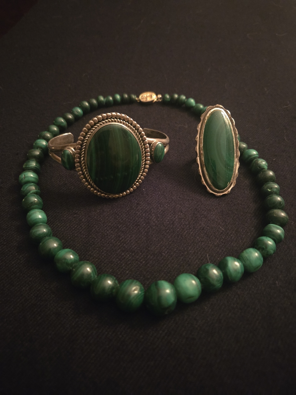 Malachite Necklace Sterling Silver Cuff Bracelet & Navajo Ring
